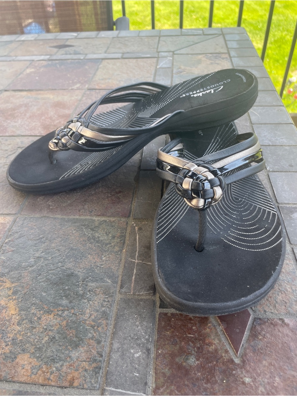 Cloudsteppers by Clarks          Black Metallic Braided Thong Sandals